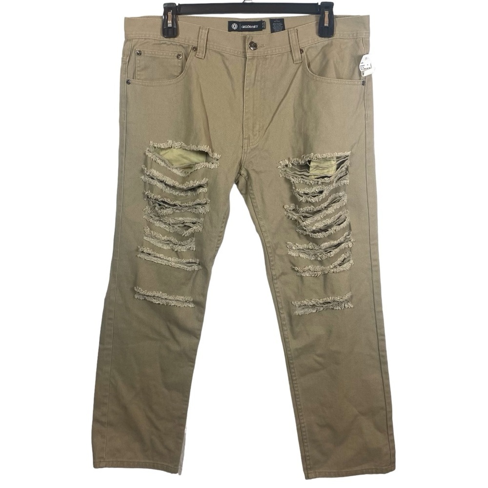 Akademiks Rip Twill Jeans Mens 38x30 Camel AKA36JN37 Punk Ript‎ Jeenz Distressed